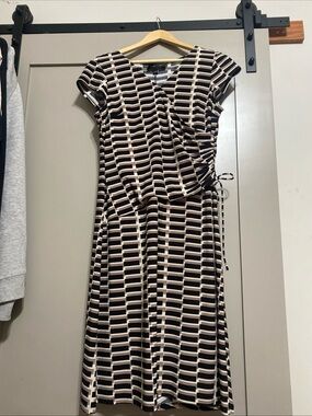 Evan Picone Black and Cream Geometric Faux Wrap Midi Dress